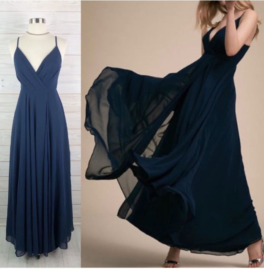 Anthropologie BHLDN Eva Navy Blue Strap Faux Wrap Dress Chiffon Bridesmaid XS